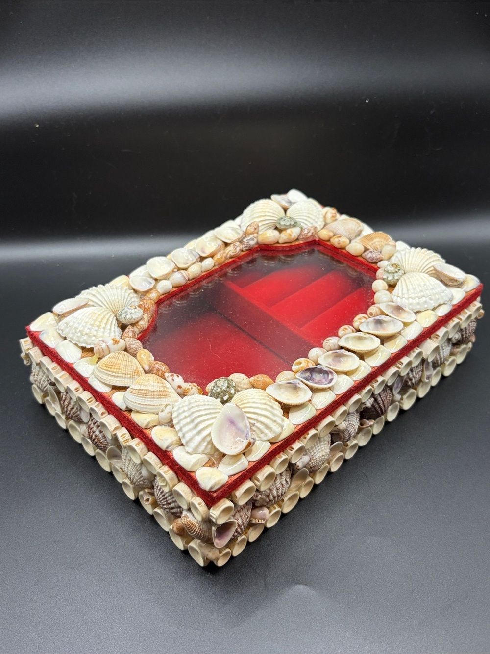 Vintage Handmade Sea Shell Mosaic Jewelry Box Keepsake Trinket Storage Nautical